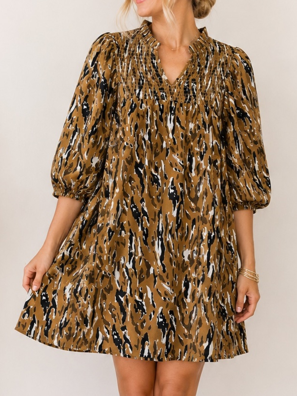 Michelle McDowell Abstract Print Smocked Puff Sleeve Dress Small